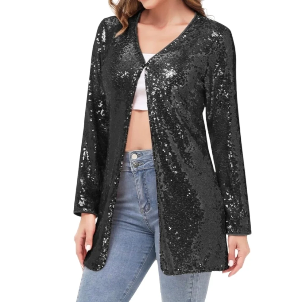 Anna-Kaci Black Sequin Embellished Open Front Sequin Jacket Women Size Medium